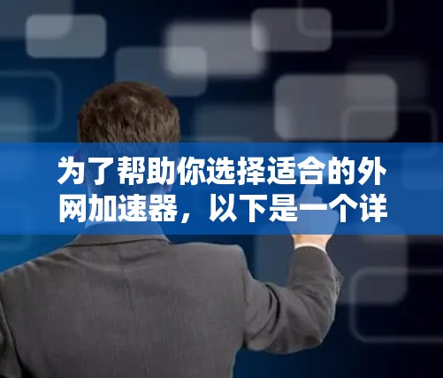 为了帮助你选择适合的外网加速器,以下是一个详细的总结和建议 为了帮助你选择适合的外网加速器,以下是一个详细的总结和建议